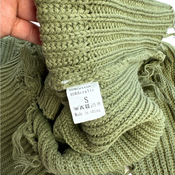 Women Raw Hem V-Neck Green Sweater Long Sleeve Ribbed Knit Pullover Jumper Top S - Picture 6 of 10